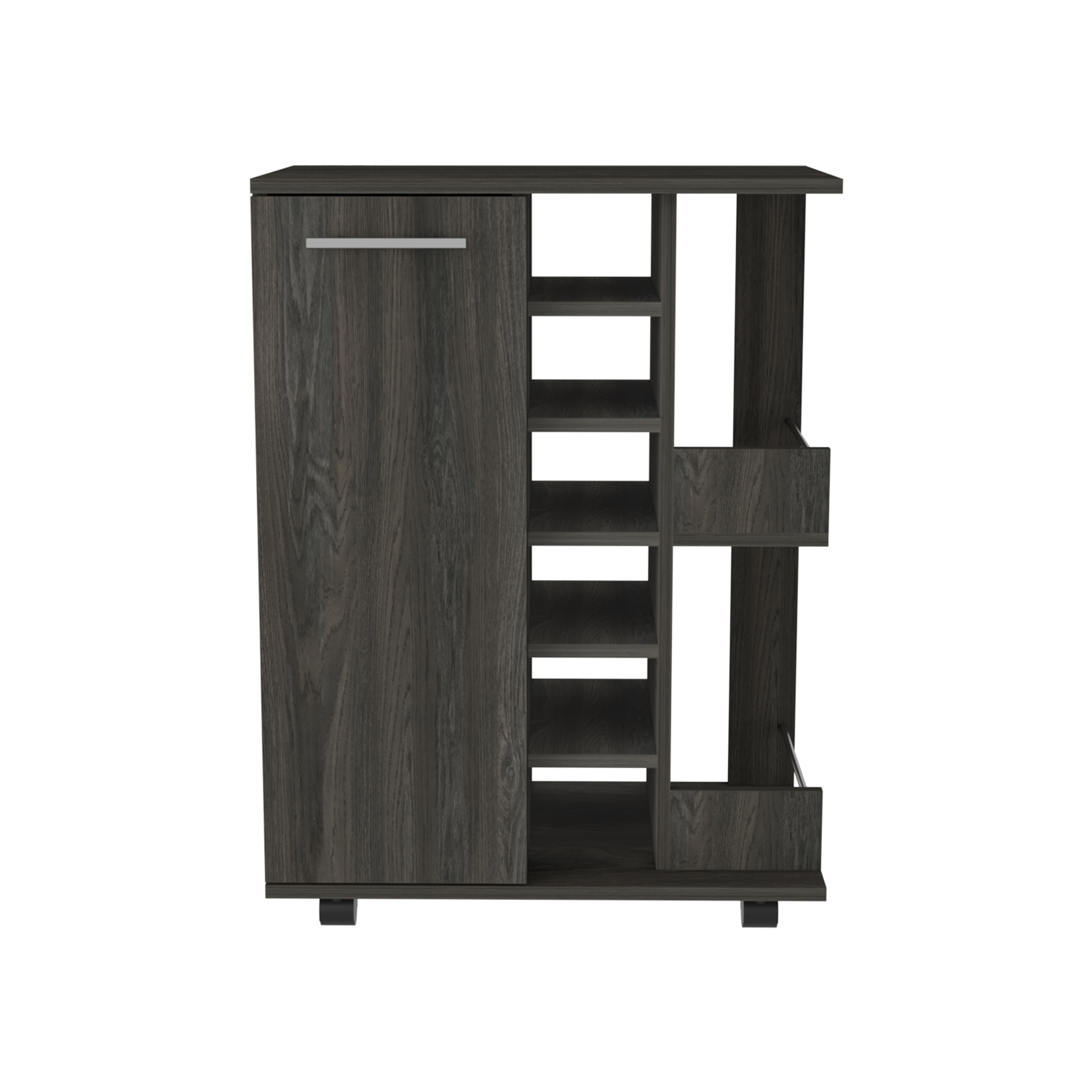 Bar Cart, Two External Shelves, Four Casters, Six Built-in Wine Rack, Single Door Cabinet -Espresso